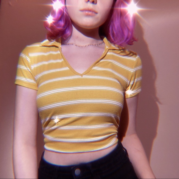 yellow white striped v neck collared crop top - Picture 2 of 3